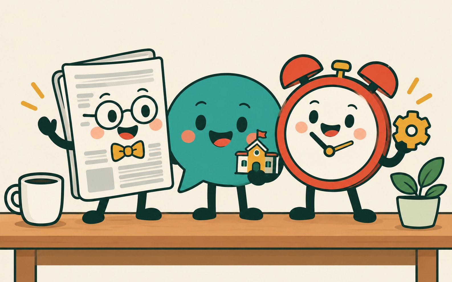 신문 비서, 말풍선 비서, 자명종 비서가 책상 위에 함께 서 있는 그림